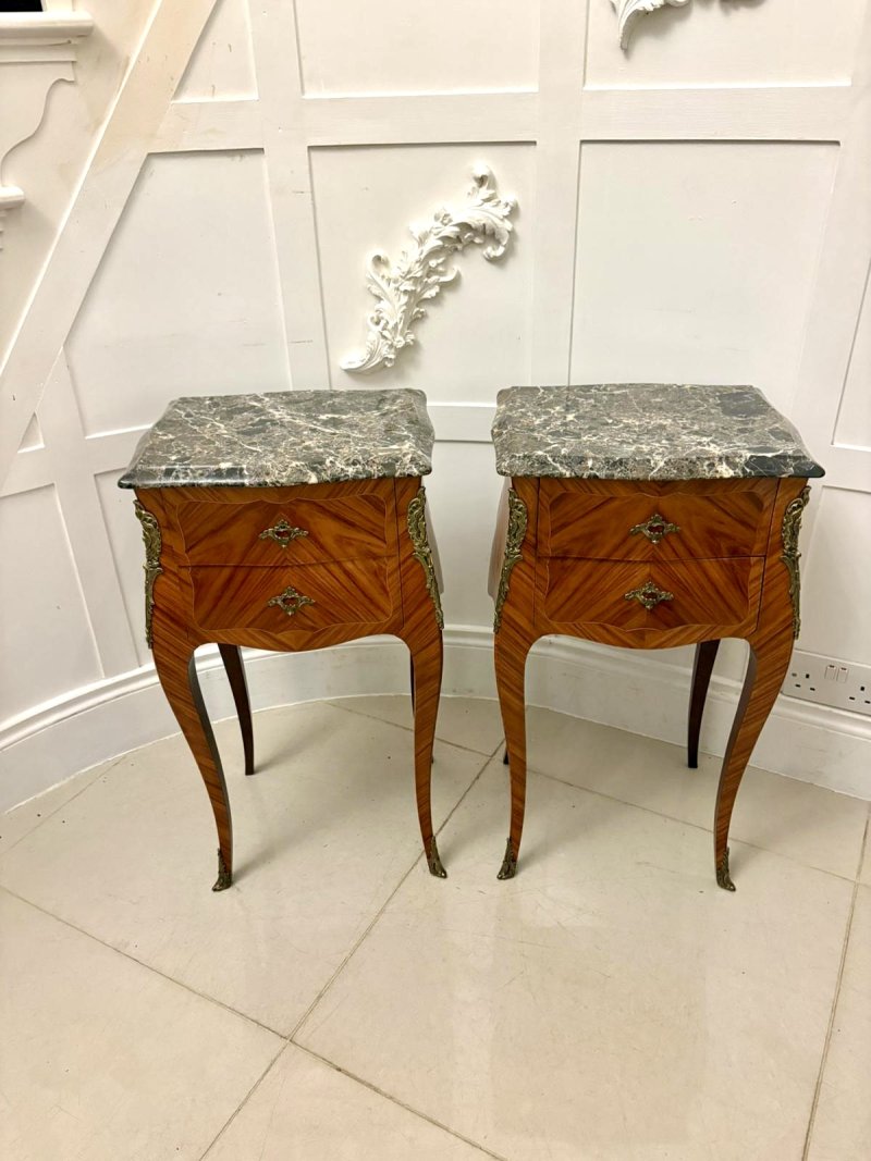 Antique Pair of Quality French Louis XV Style Marble-Top Bedside Cabinets